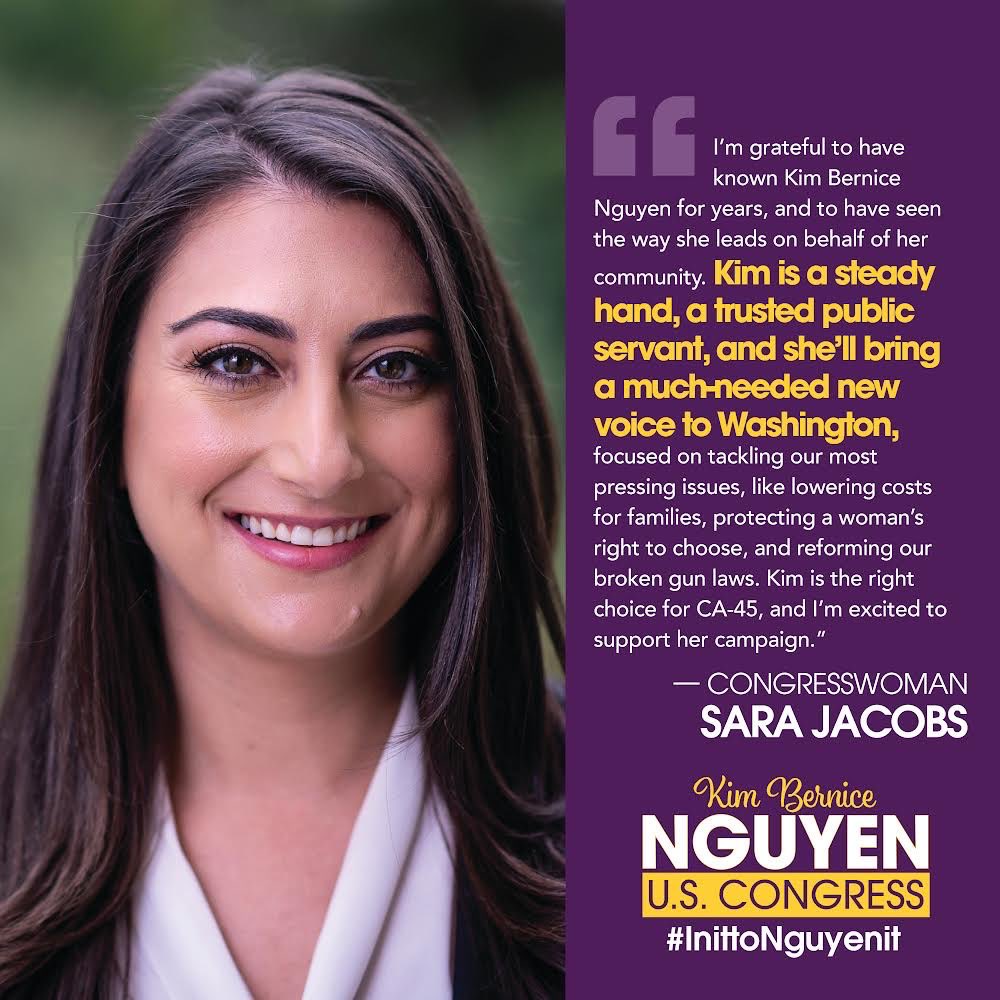 votekimnguyen's tweet photo. Truly honored to announce @SaraJacobsCA has endorsed my campaign for #CA45! Over the years I’ve watched in awe of her fierce advocacy &amp; personally grateful for her diligent work regarding reproductive health! 
https://t.co/rAZBA1GyY6 https://t.co/L0w4rx527o