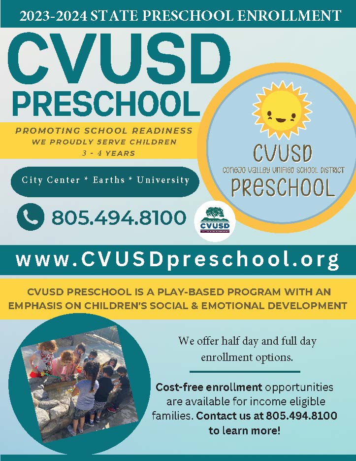 ConejoValleyUSD's tweet photo. 📌FREE Preschool Available for Income-Eligible Families
Our CVUSD Preschool Program currently has cost-free enrollment opportunities available for its full day &amp; half day California State Preschool at 3 locations. 
Learn more &amp; see if you qualify, here: https://t.co/EKHQaYYHMY https://t.co/UKCmvfd14l
