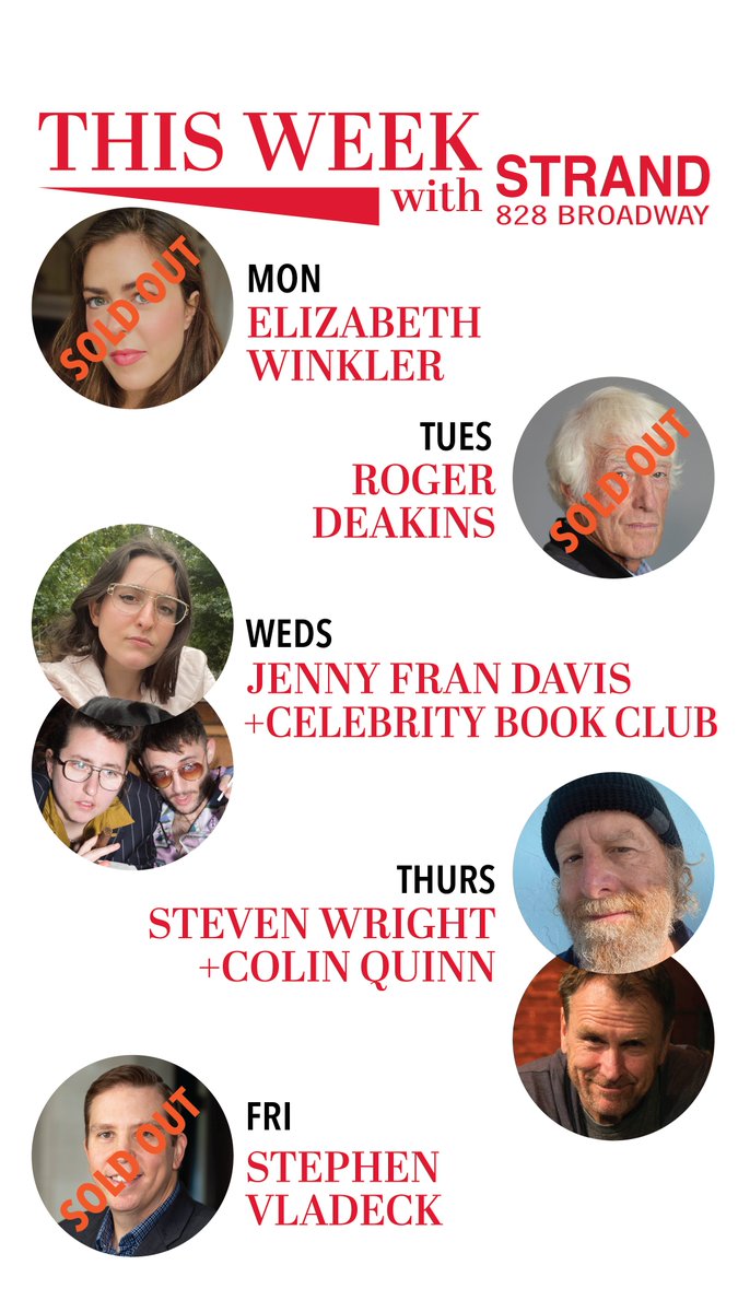A pretty busy week here at the Strand! Help us sell out all 5 days! There are only a few tickets left for Jenny Fran Davis and @StevenWright! Get them while you can! 🎟️🔥 strandbooks.com/events