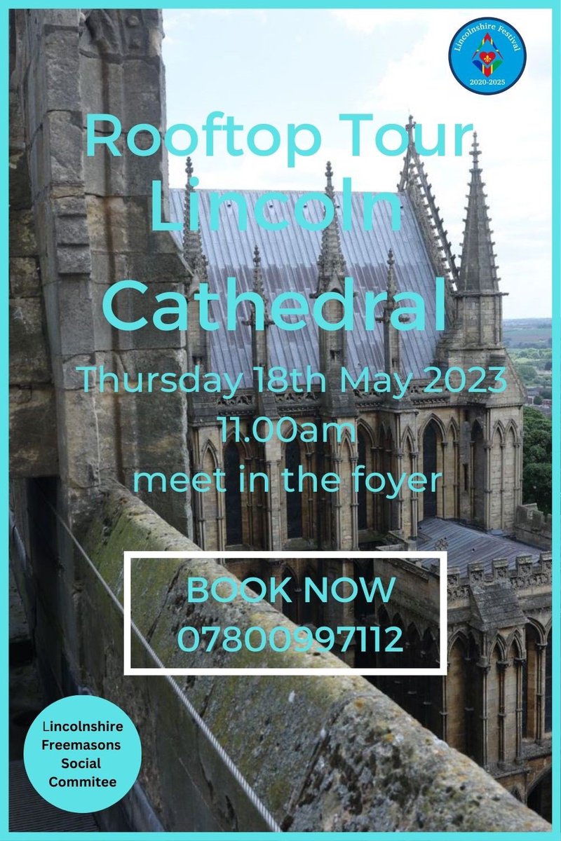 simonnoden66's tweet photo. Reach new heights with Lincolnshire Freemasons for a rooftop tour of Lincoln Cathedral.

£18.50 per person which includes a 12 month pass the the cathedral. Tour starts 11.00am and meet in the foyer no later than 10.45am 
#Lincs2025 #Lincolnshirefreemasons #charity #Freemasons https://t.co/Hzw9BND1Ex