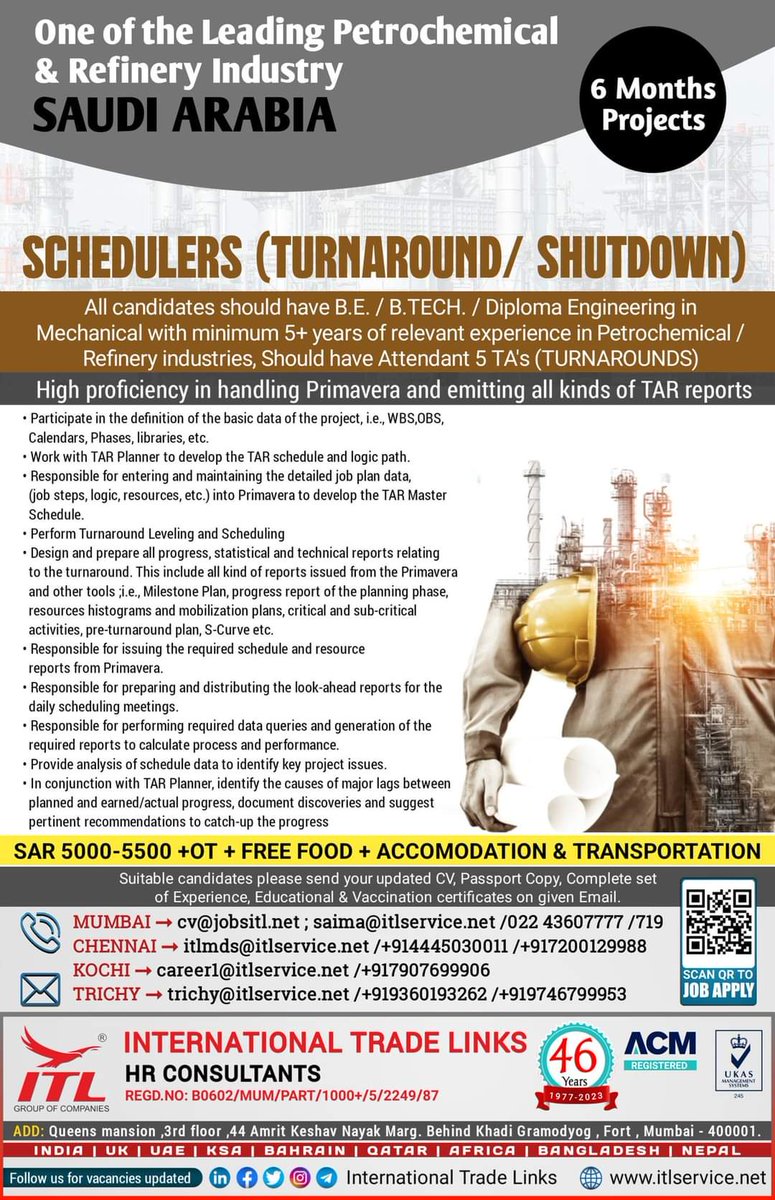 JOB VACANCY FOR #saudiarabia

#turnaround #petrochemical #schedule #document #controler #primavera #oilandgas #refinery #petrochemical #career #jobhunt #employment #jobposting #hr #work #staffing #jobopportunity #job #2023jobs #2023hiring #ksajobs #saudijobs #gulfjobs