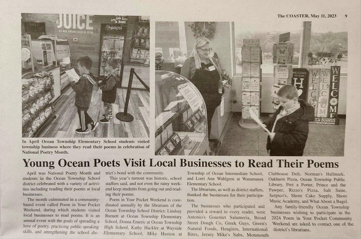 There's a lovely article about Poem-in-Your-Pocket Weekend in The Coaster. I am so proud of our young poets! Also, I'm very thankful to the businesses that participated in the event! #OTESLibrary #OTESPride #SpartanLegacy @otismediacenter @KathyHackler @wan_library