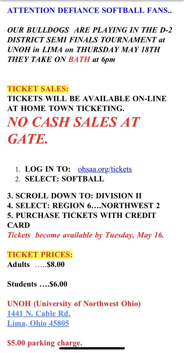 DefiBulldogs's tweet image. Softball 🥎 District Information!!! 

🎟️ ohsaa.org/tickets 

#letsgodogs 🐾🙌🏽
