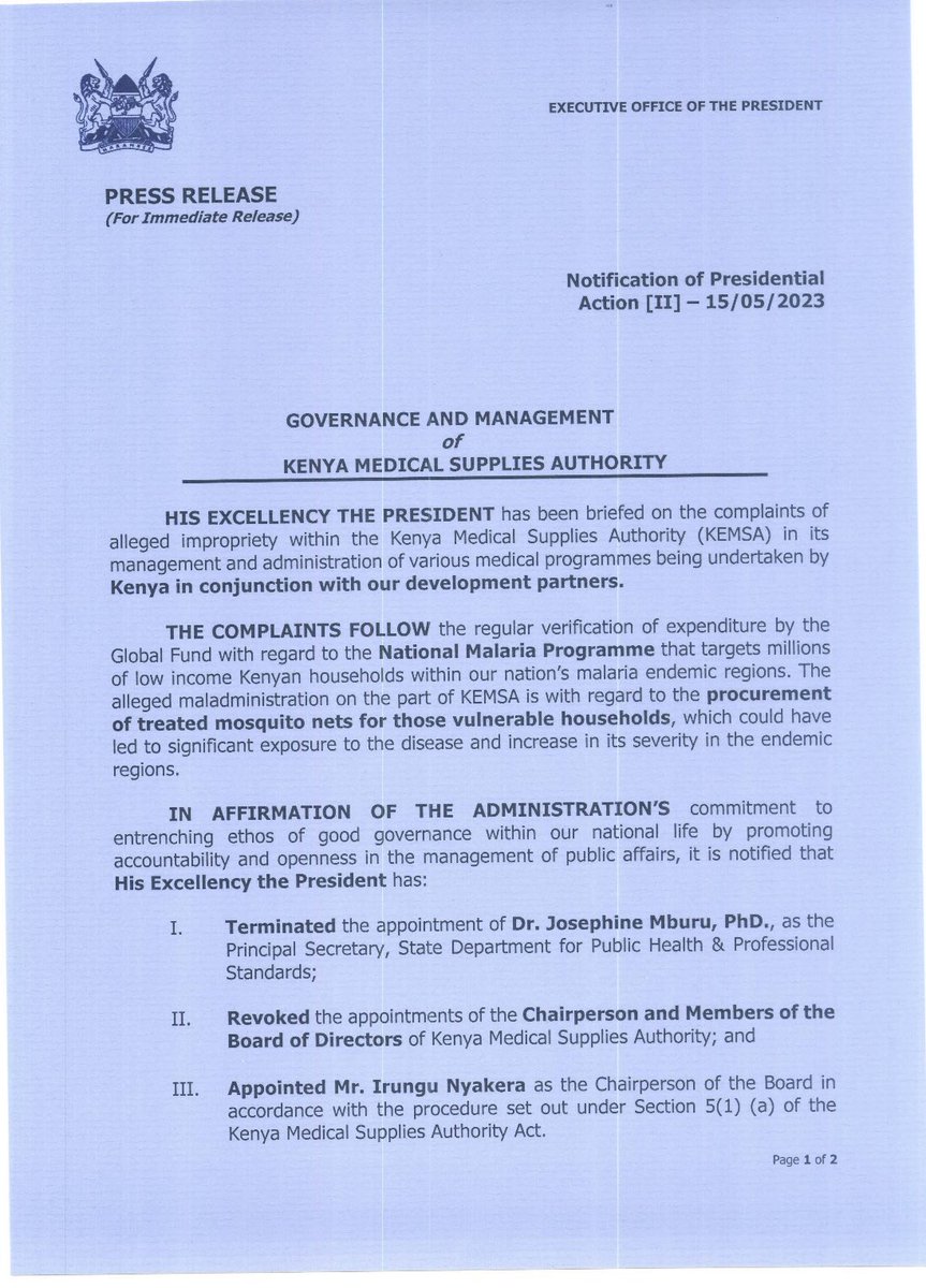 DavidOsiany's tweet photo. LEADERSHIP is sometimes about BOLDNESS. This is the BOLDEST I have seen any leader/regime deal with KEMSA scandals. PS, CEO and BOARD have been FIRED! Now this is INTENTIONAL leadership. Congratulations @WilliamsRuto and @Nakhumicha_S. You did it for KENYA. 

We will only fix CORRUPTION the day Kenyan see the top dealt with this firmly. Now let’s cascade this to other levels.

Meanwhile, congratulations to the visionary Dr. Andrew Mulwa who takes over leadership of KEMSA as CEO and Irungu Nyakera as Chairman. You are both young and energetic. Make the youth proud. #ForwardsAndUpwards