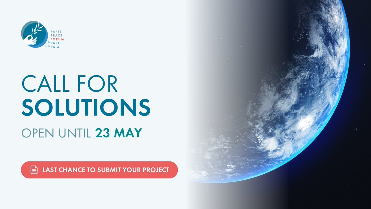📢 LAST CHANCE to participate in the 2023 @ParisPeaceForum's Call for Solutions! Does your organization have a project or initiative addressing a global challenge?

📅 Submit it through 23 May to be showcased at the 6th edition 👉 bit.ly/3ulhb3i

#SolutionsForPeace