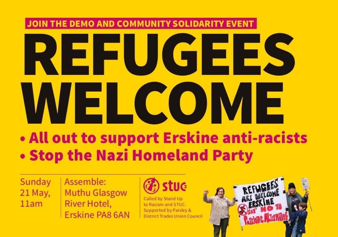 Refugees welcome!🌍

Trade unionists and friends are invited to a family-friendly demonstration to welcome refugees. 

Please join us on Sunday, 21st of May, for a rally including solidarity speakers, music, food and stalls. 

<a href="/ScottishTUC/">STUC</a> <a href="/AntiRacismDay/">Stand Up To Racism</a> 
stuc.org.uk/campaigns-and-…