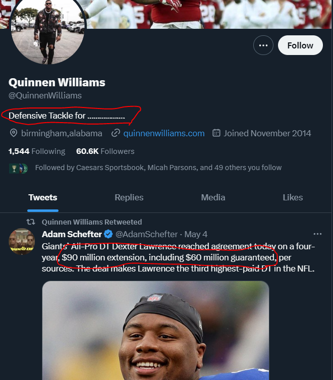 NFL_DovKleiman's tweet photo. 𝗨𝗽𝗱𝗮𝘁𝗲: #Jets star DT Quinnen Williams bio now reads:

"Defensive Tackle for ………"

With his last tweet is a RT of the contract the #Giants gave Dexter Lawrence - $90 million with $60 million guaranteed. 

Williams is clearly sending the Jets a message as they're working on a new contract and the last report about it is that they two sides "aren't close to an agreement."