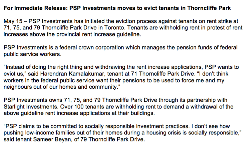 tparktenants's tweet photo. BREAKING: PSP Investments has initiated the eviction process against tenants on rent strike at 71, 75, and 79 Thorncliffe Park Drive in Toronto. 

Over 100 tenants are withholding rent to demand a withdrawal of the above guideline rent increase applications at their buildings. https://t.co/VWVq7d7bQn
