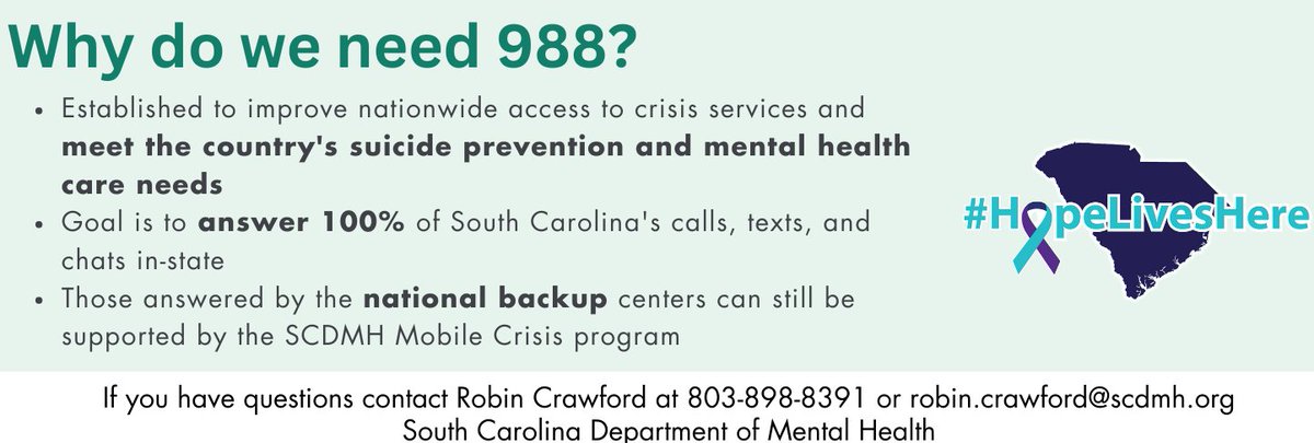 South Carolina's 2nd call center, located in Charleston, opens next month! It will help us towards our goal of 100% of calls, texts, and chats to #988 from SC being answered *IN* SC. #HopeLivesInSC  #HopeLivesHere
