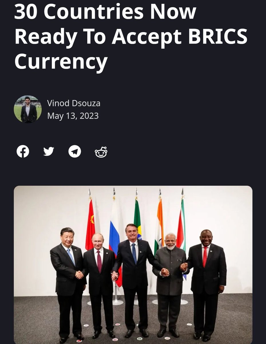 30 countries ready to accept the new BRICS+ currency.

The countries are Afghanistan, Algeria, Argentina, Bahrain, Bangladesh, Belarus, Brazil, China, Egypt, Indonesia, Iran, Kazakhstan, Mexico, Nicaragua, Nigeria, Pakistan, Russia, India,