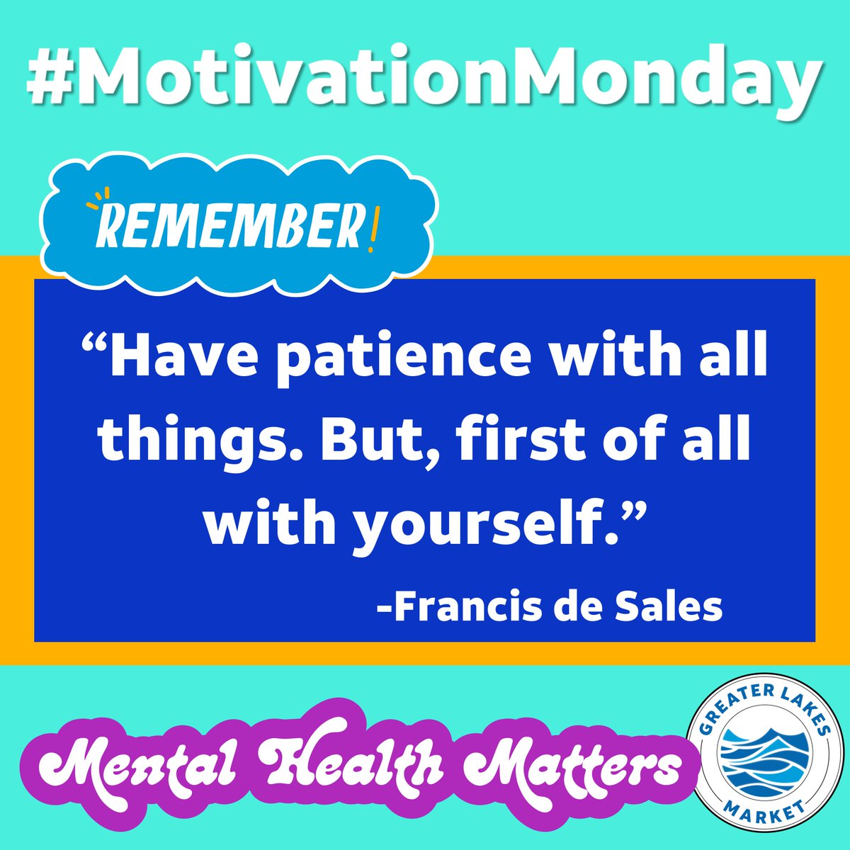 GreaterLakesMkt's tweet photo. #MotivationMonday
We all know the saying "Treat others how you would like to be treated," but sometimes it can be difficult to treat yourself with the same respect! 
Is the way you talk to yourself the way that you would talk to others? 
Positive Mind= Positive Life.
#MakingWaves https://t.co/g8nAnn43VW