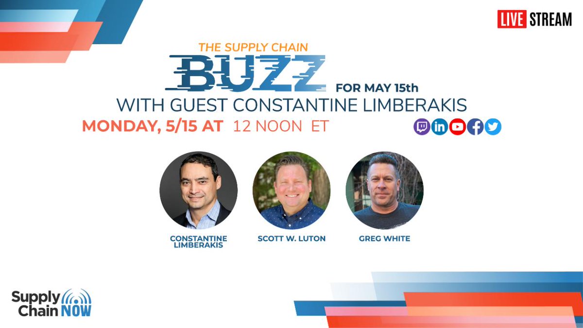 It's Buzz Day! Join us today as @ScottWLuton and @gregoryswhite discuss the top news in supply chain and global business for this week with special guest Constantine Limberakis!

Join us at 12 noon ET: bit.ly/3MsZSrq 
#supplychainbuzz #supplychain #globalnews #innovation