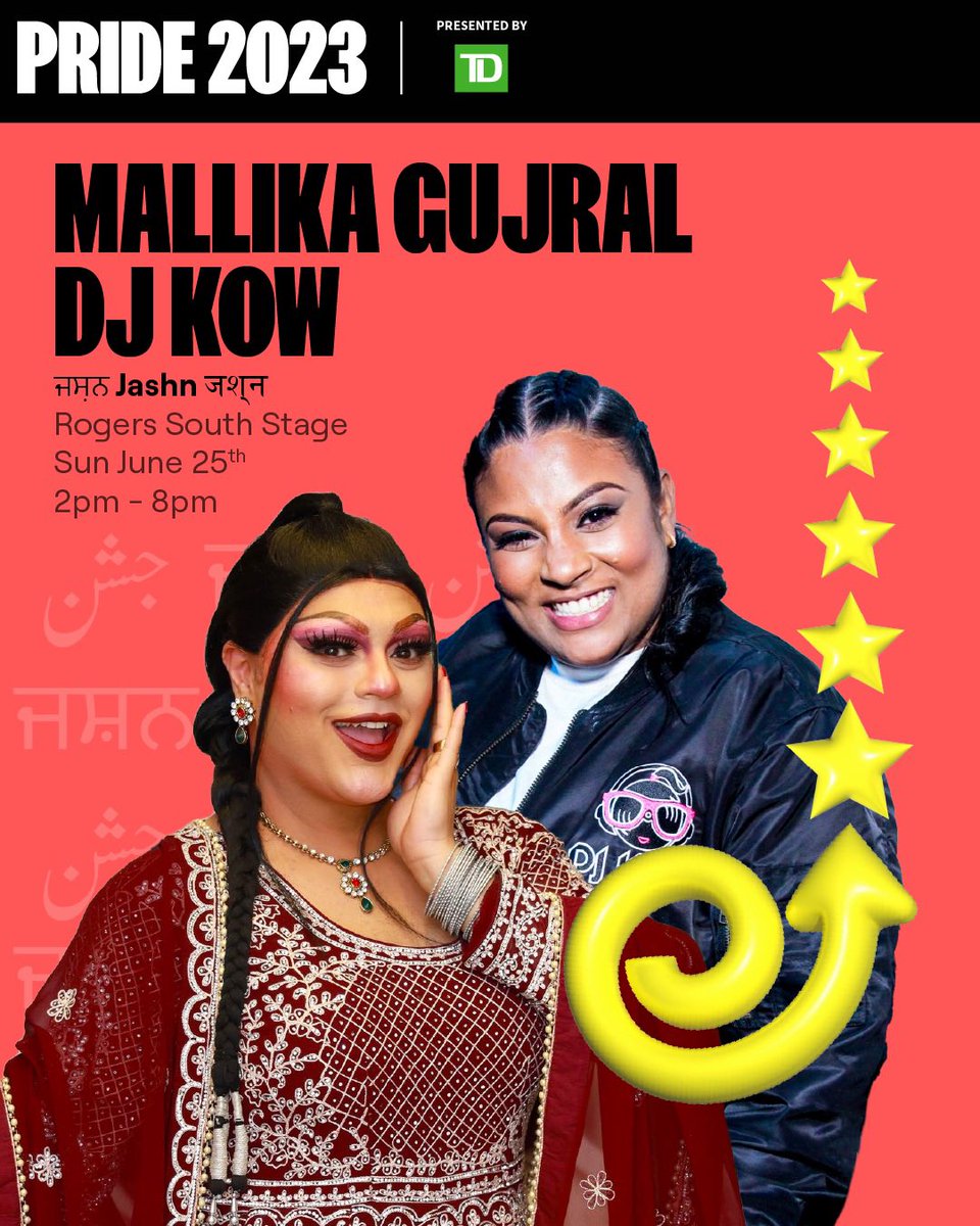 PrideToronto's tweet photo. Get ready for Jashn! Your host Queen Mallika Gujral &amp; the amazing DJ Kow are going to get this celebration turned up high with stellar performances. Get there early and grab your spot on the dance floor. Jashn starts at 2pm, Sun June 25th. O balle balle! https://t.co/UIyuuhRqdZ