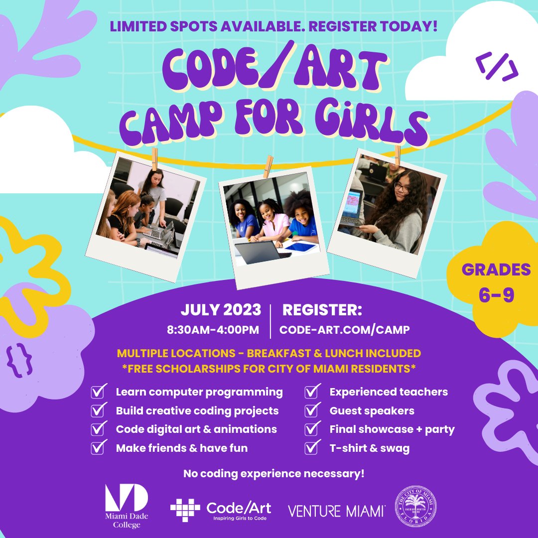 codeartorg's tweet image. 🚨 Code/Art Summer Camps kick off in July! Make sure to sign up ASAP. Our Camps for girls in grades 6-9 are the perfect introduction to #computerprograming. 🌞👩💻 Limited spots available!
Sign up: code-art.com/camp