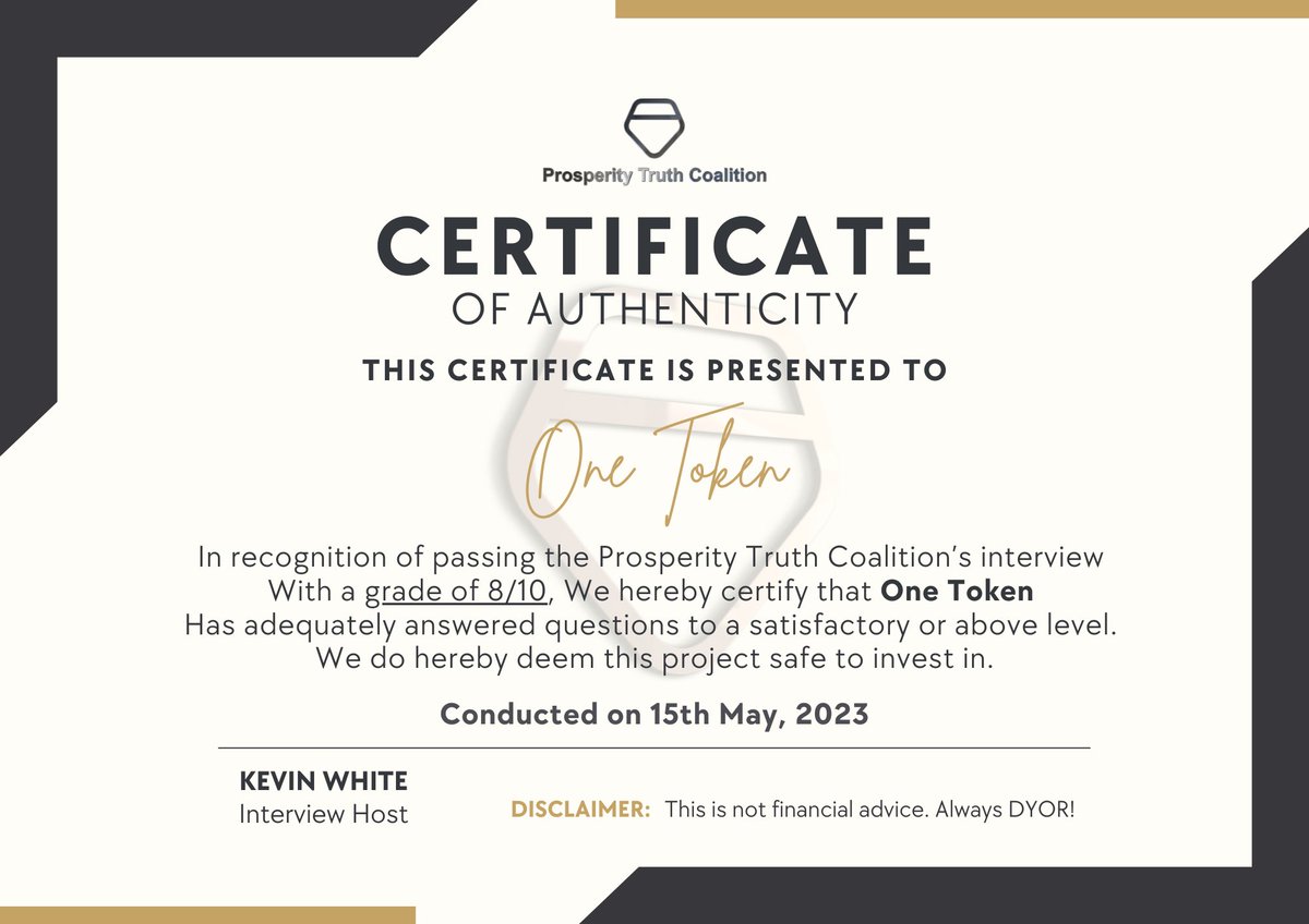 OneTokenDeFi's tweet image. BIG thanks to Kevin White at PTC (Prosperity Truth Coalition) for the awesome AMA he did with me for One Token on Saturday, and he just awarded us our certificate with an 8/10 score!!! 
🔥🔥🔥🔥🔥🔥🔥🔥🔥🔥🔥🔥🔥
Onetokenburn.com
#onetoken
discord.gg/VuYpFkSR