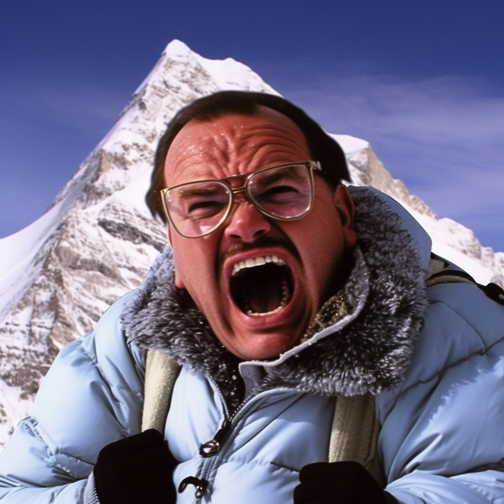 ToBetheManComic's tweet photo. @GreatBrianLast He did it! (AI images of @TheJimCornette climbing Mount Everest) https://t.co/v9FemKfIiW
