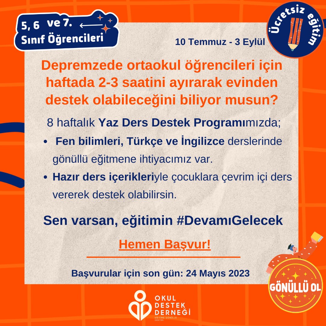 OkulDestek's tweet photo. 🟠Depremzede ortaokul öğrencileri için haftada 2-3 saatini ayırarak evinden destek olabileceğini biliyor musun?

🟠8 haftalık Programımızda hazır ders içerikleriyle çocuklara çevrim içi ders vererek gönüllü eğitmen olabilirsin.

Gönüllü eğitmen olmak için: https://t.co/QVAWQd3VWY https://t.co/LA9AcUjQnN
