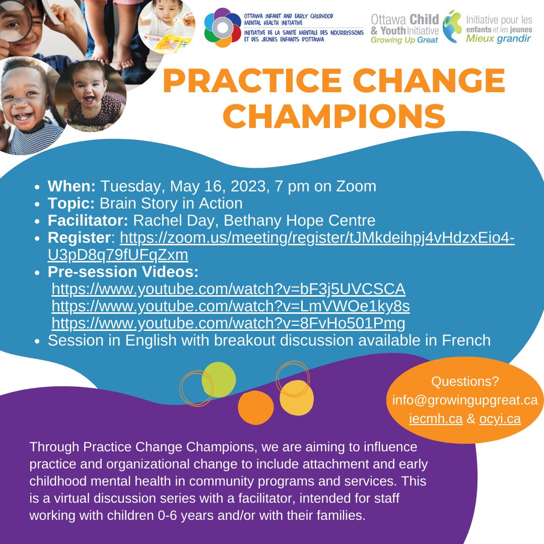 Happening tomorrow night! Do you work with children and their families ages 0-6? Join OCYI’s IECMH-EA task group for an exciting new Practice Change Champions on The Brain Story! Facilitated by Rachel Day from Bethany Hope Centre. Register here: zoom.us/meeting/regist…
