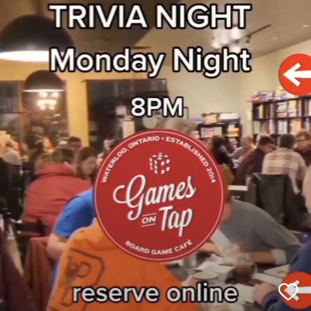 Trivia Tonight at 8pm. General Knowledge questions. Reserve Online and come play!

#waterlooregion #waterloo #kw #kwevents #event #trivia #trivianight #pubtrivia #pubquiz #kitchener #kitchenerwaterloo #cambridge instagr.am/p/CsRLK1HA5iF/