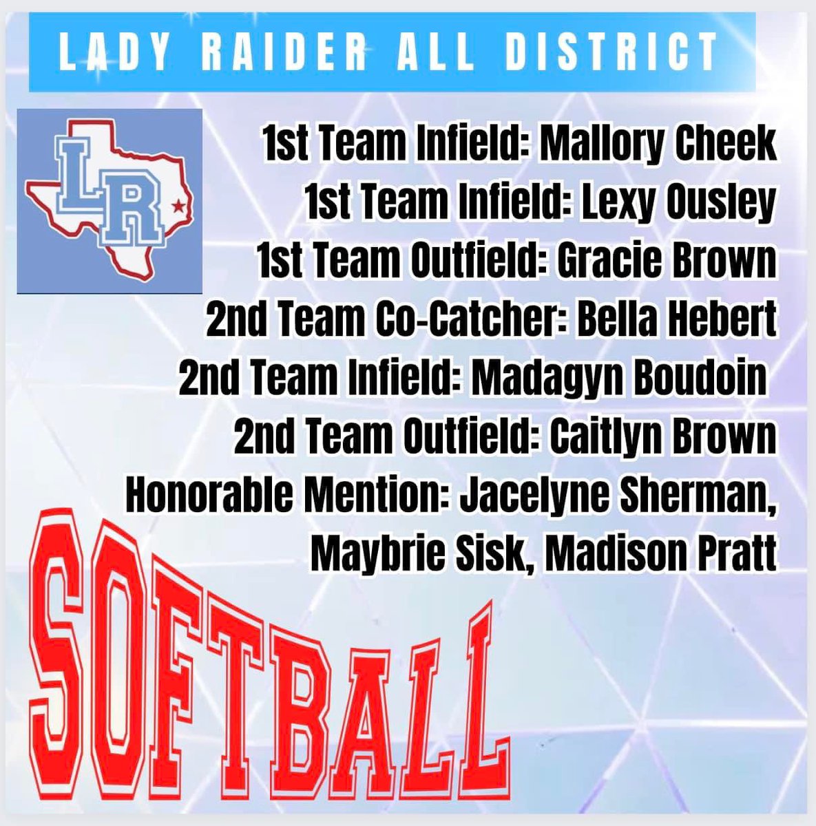 To close out the season, I received first team all district outfield! Thank you to everyone who helped me reach this goal! 

<a href="/LRSoftball1/">Lumberton Lady Raider Softball</a> @mojomid1 <a href="/TxCoachB/">James C Birdwell</a> <a href="/ACRunnersSB/">Angelina College Softball</a> <a href="/BKohring/">brette◡̈</a> <a href="/SanJacSoftball/">San Jacinto College Softball</a> @TCSteerSoftball <a href="/NTCCSOFTBALL/">Northeast Texas</a>