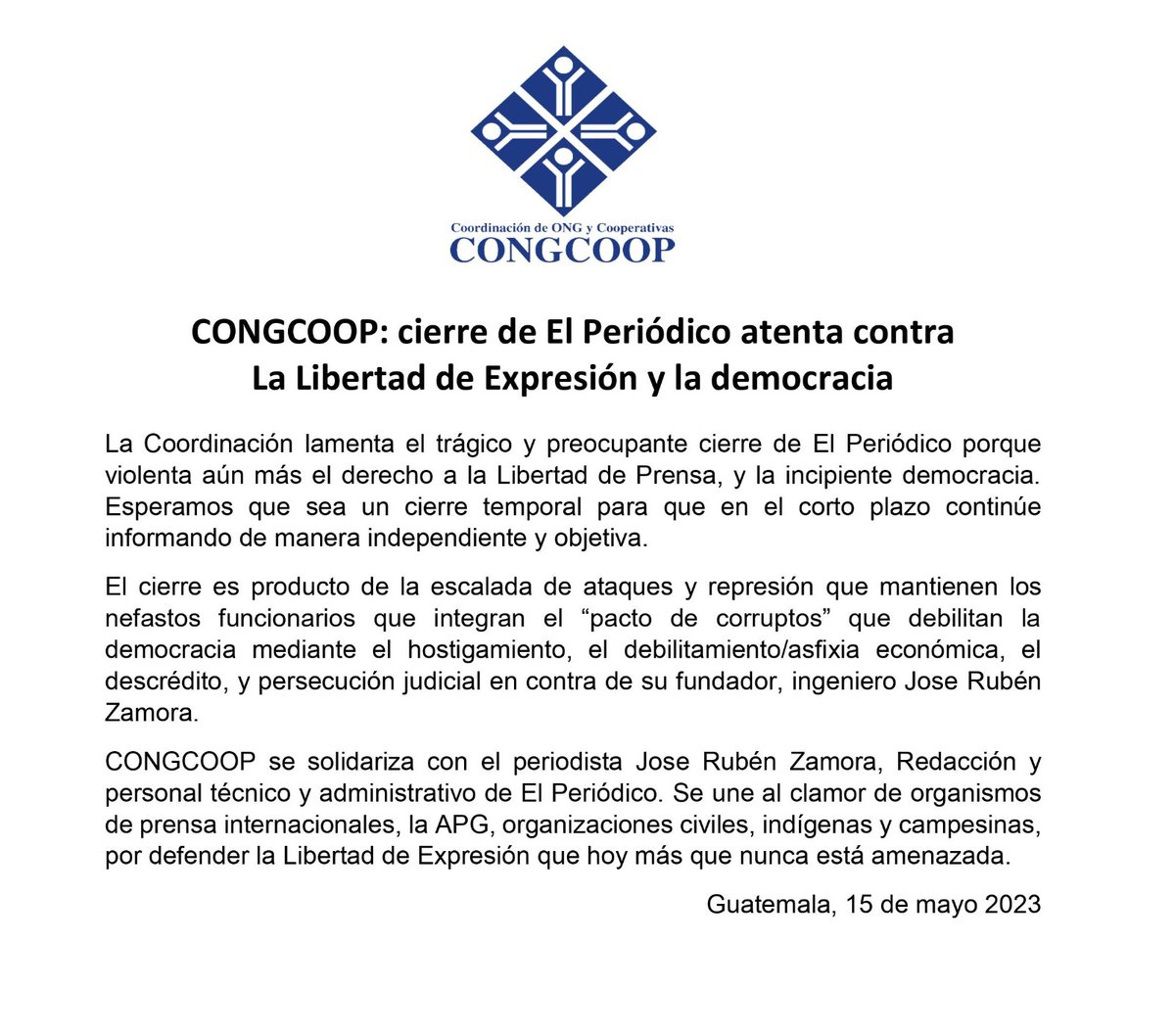 CONGCOOP: cierre de El Periódico atenta contra 
La Libertad de Expresión y la democracia
