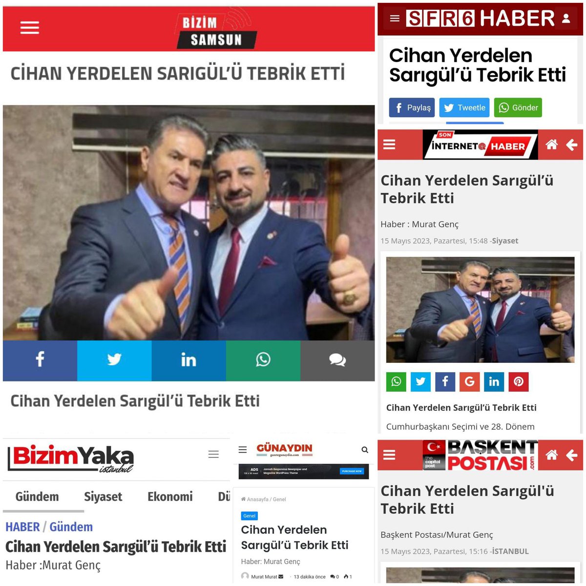 Başkent Postası, İnternet Haber, SFR6 Haber, Günaydın, Bizim Yaka İstanbul ve Bizim Samsun isimli haber kuruluşlarına gönülden teşekkür ederim.

Sesimi herkese duyurdukları için kendilerine müteşekkirim.