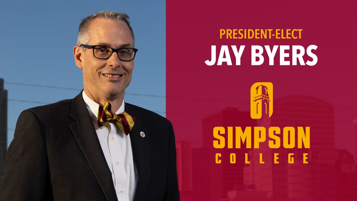 SimpsonCollege's tweet image. Jay Byers has been named president-elect of Simpson College 🎉
The 1993 Simpson grad has spent the past 11 years as president of The Greater DSM Partnership. Byers will be formally introduced at a news conference Wed. May 17.
Read more ➡️ bit.ly/42WAAXT