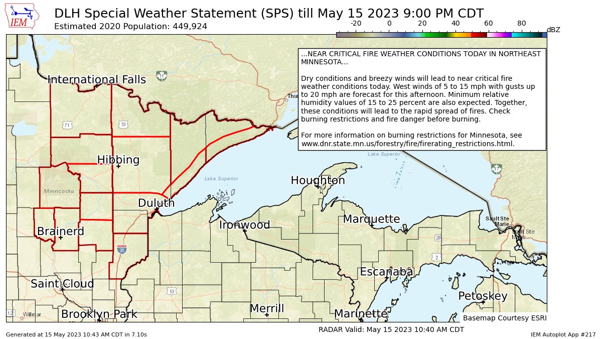 NEAR CRITICAL FIRE WEATHER CONDITIONS TODAY IN NORTHEAST MINNESOTA for Carlton/South St. Louis, Central St. Louis, Crow Wing, Koochiching, North Cass, North Itasca, North St. Louis, Northern Aitkin, Northern Cook/Northern Lake, Pine,... till 9:00 PM CDT https://t.co/cZBfpYkxnO https://t.co/7n1DS4Jw4M
