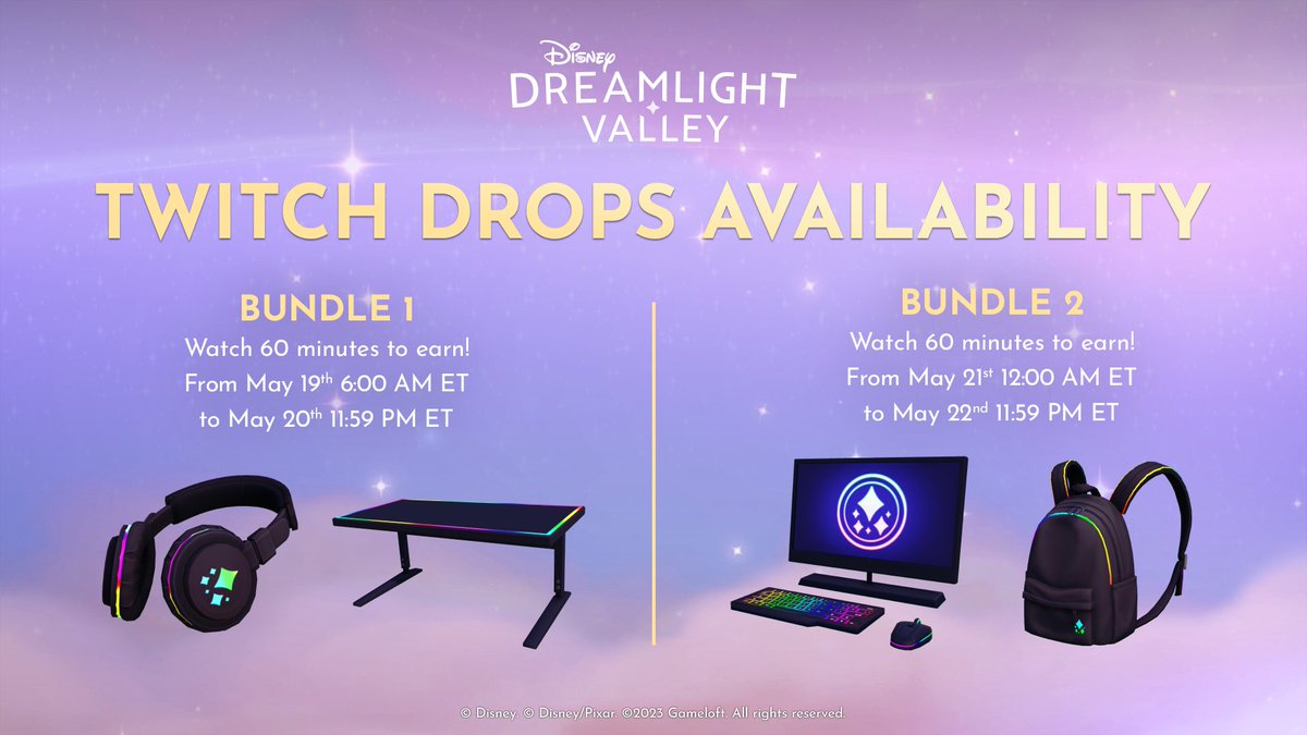 Get your glow on - <a href="/Twitch/">Twitch</a> Drops are LIVE NOW!

Simply tune into an eligible stream for 60 minutes to earn Bundle 1, netting you the Gamer Desk and Gamer Headphones ✨

Grab it before it's too late: we'll be switching to Bundle 2 on May 21st!

disneydreamlightvalley.com/en/news/twitch…
