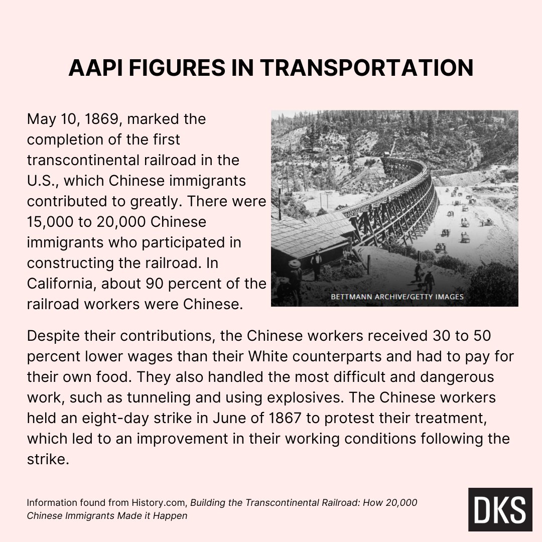 AAPI Heritage Month is celebrated in May to commemorate the month in which the first Japanese immigrants arrived to the U.S. and in which the first transcontinental railroad was constructed. Read more about the Chinese immigrants who contributed to building this railroad.