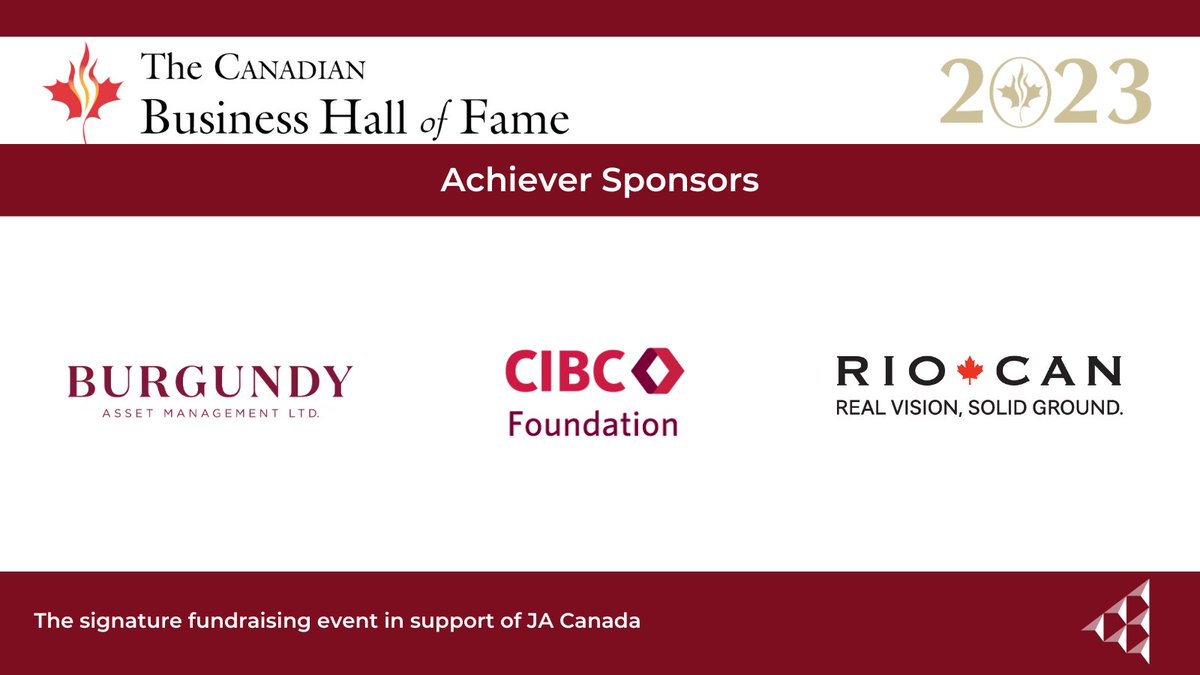 We're most grateful for all our wonderful supporters from last week's Canadian Business Hall of Fame event. 

Special thankyou to our Achiever Sponsors for supporting this year's event! 

<a href="/BurgundyAsset/">Burgundy Asset Management Ltd.</a> @CIBC Foundation 
#CBHF2023 #JACanada