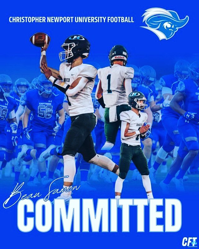 I am excited to announce that I have committed to Christopher Newport University to further my academic and athletic career for football. I would like to thank my family, coaches, and teammates for helping me achieve my goal of playing at the next level.