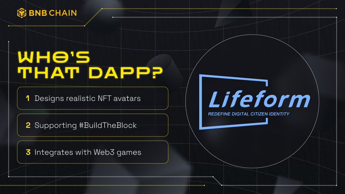 Who's that dApp? It's @Lifeformcc! Thanks to everyone that played, and we'll be back soon with another puzzle featuring projects in the BNB Chain ecosystem. In the meantime, learn more about how Lifeform is building next-generation avatars for Web3. bnbchain.org/en/blog/bnb-ch…