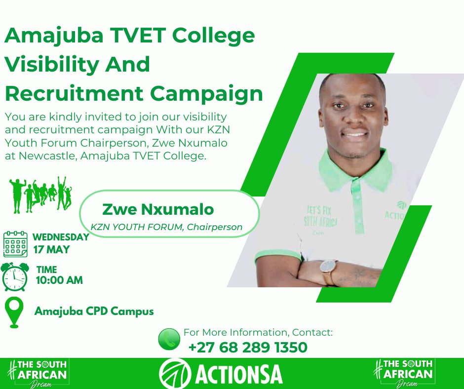 ActSA_Newcastle's tweet photo. Join us on our visibility and recruitment campaign in Newcastle at Amajuba TVET College with the ActionSA KZN Youth Forum Chairperson  @NxumaloZwe as we engage with students. #Youth_In_Action🇿🇦

@Action4SA @ActionSA_Youth @HluphiGafane @MusaKubheka8 @GcwensaZanele @Zwakelem https://t.co/PHM6VOkk0F