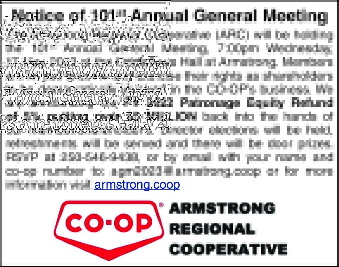 Armstrong Co-op (@armstrongcoop) on Twitter photo The Armstrong Regional Co-op's 101st Annual General Meeting is this Wednesday May 17th 7pm at Armstrong's Oddfellows Hall. Co-op members, RSVP with you name and Co-op member number at agm2023@armstrong.coop or by phone at 1.888.535.2667 #AGM #coop #101yearsyoung #memberowned The Armstrong Regional Co-op's 101st Annual General Meeting is this Wednesday May 17th 7pm at Armstrong's Oddfellows Hall. Co-op members, RSVP with you name and Co-op member number at agm2023@armstrong.coop or by phone at 1.888.535.2667 #AGM #coop #101yearsyoung #memberowned