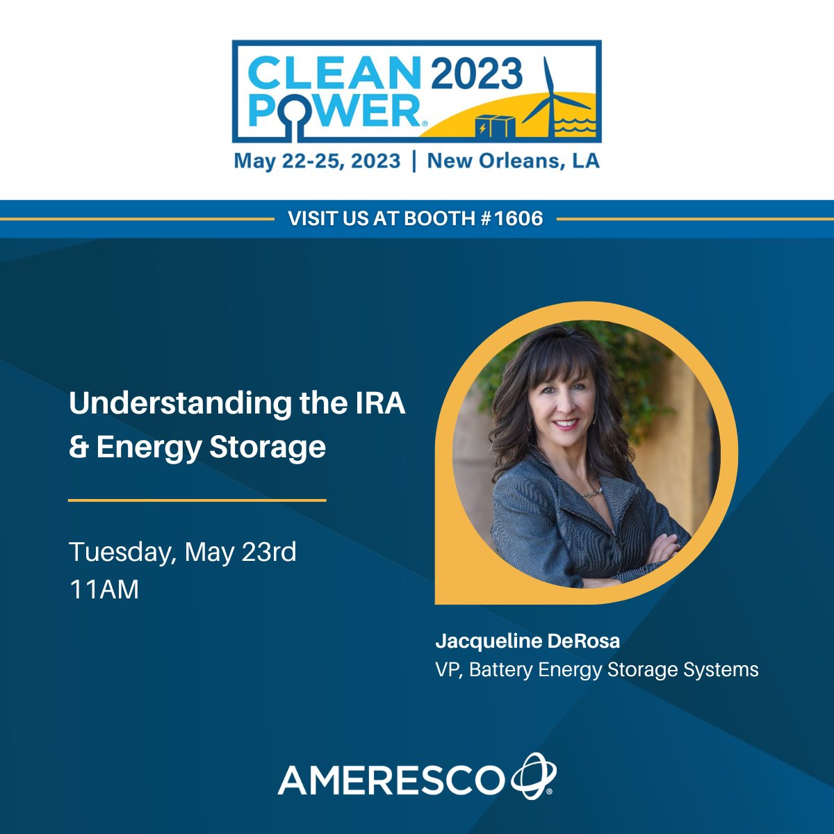 Ameresco's tweet image. We&apos;re excited for @USCleanPower&apos;s #CleanPower2023 next week in New Orleans, LA. Don&apos;t miss VP, Jacqueline DeRosa at &quot;Understanding the IRA and Energy Storage&quot; on 5/23 at 11AM. Stop by Booth #1606 to learn about our #utilityscale #solar &amp;amp; #BESS expertise. hubs.ly/Q01PVfP60
