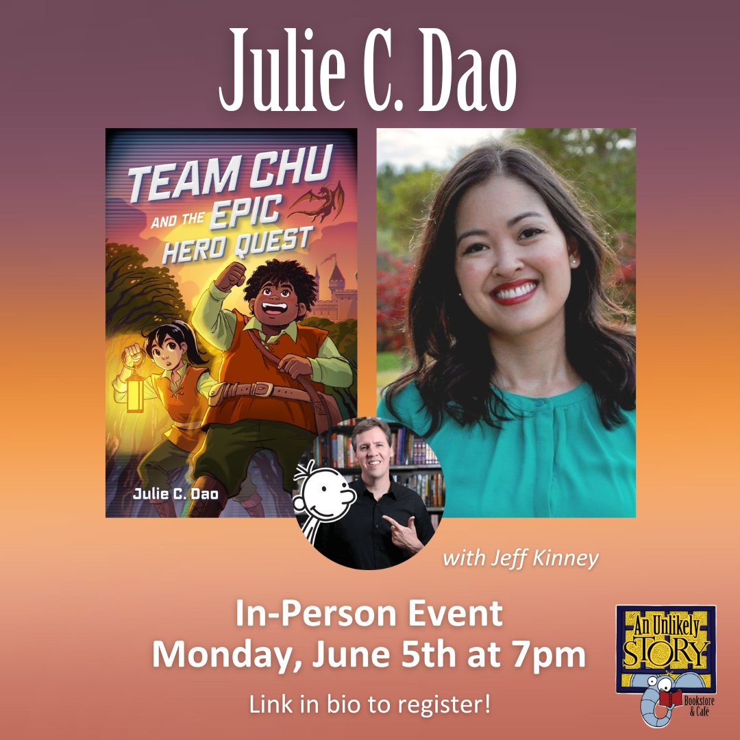 Join us for an epic event on 6/5 with @jules_writes and @wimpykid as they discuss the newest volume in Julie's TEAM CHU series, TEAM CHU AND THE EPIC HERO QUEST! Friendships are tested and grown in this fantasy-adventure series that you're sure to love! anunlikelystory.com/dao