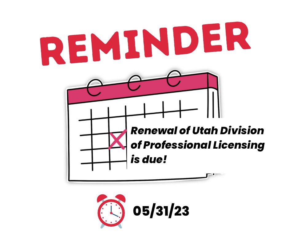 The UATA Ethics and Membership Committee wanted to remind you that your Utah Division of Professional License renewal is due Wednesday, May 31, 2023. Stay tuned to hear more from this committee in the coming month! 

secure.utah.gov/doplrenewal/do…
