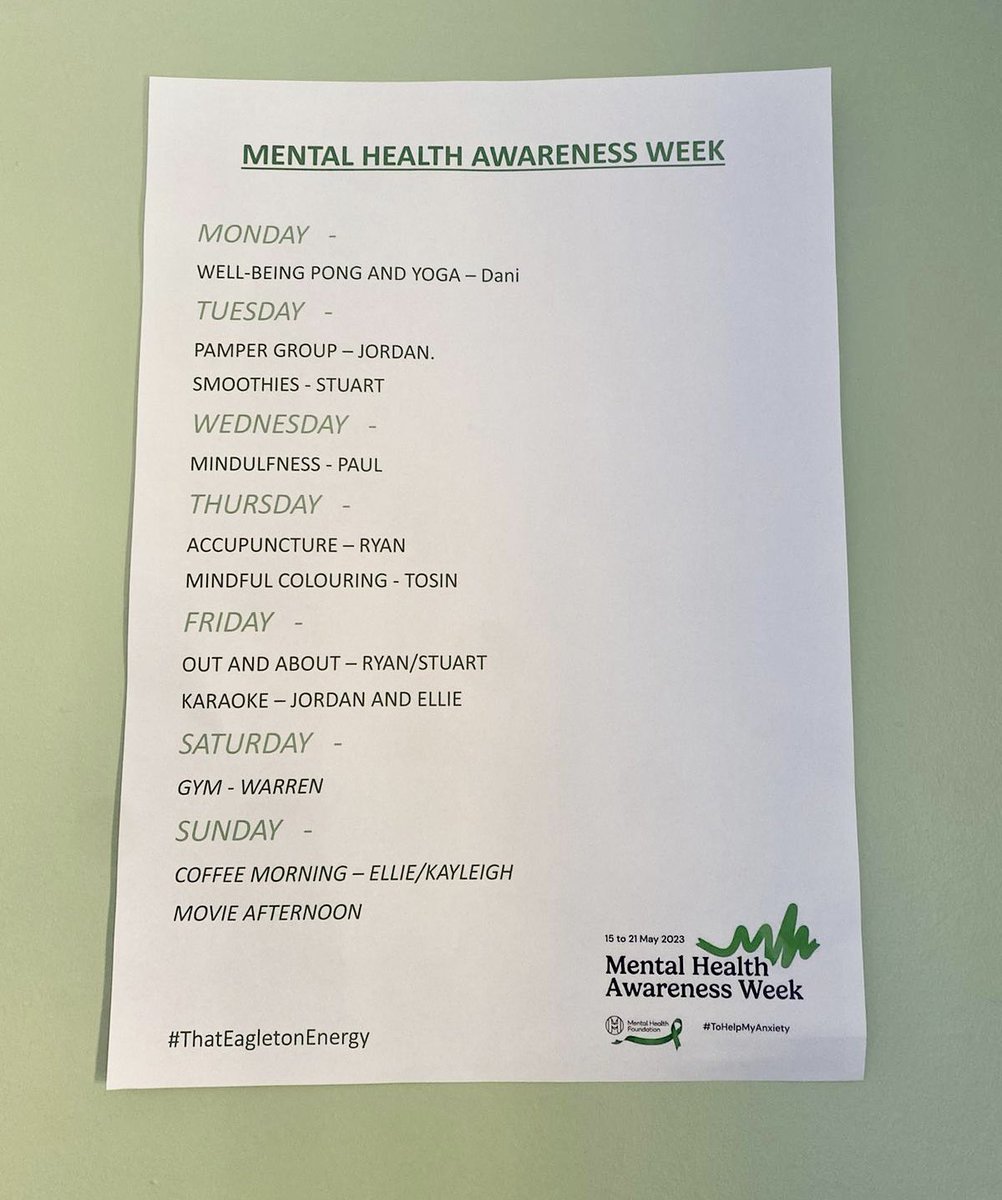 meganbuckley23's tweet photo. #MentalHealthAwarenessWeek 

Eagleton ready for this week, activities planned for each day to promote our mental health 💭 

#ThatEagletonEnergy 🦅 
#MindOverMacho
#MeadowbrookMENtality https://t.co/1CdcWKUbkY