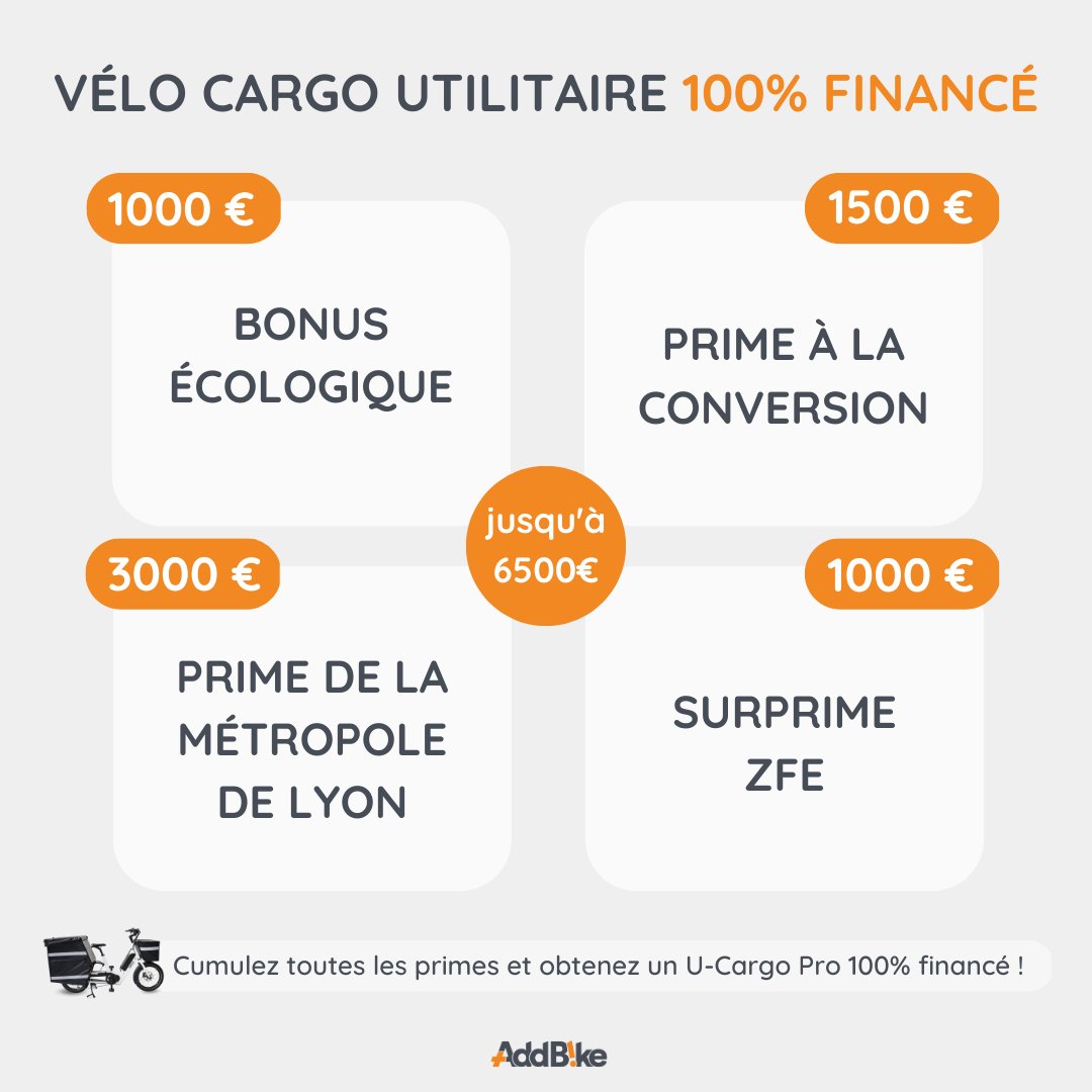 📣 Avis aux professionnels #lyonnais ! 📣

Le U-Cargo Pro peut être 100% financé grâce aux aides cumulables de la #Métropole et de l'#Etat !
 
👉 Pour plus d'info accédez à notre page dédiée aux
#subventions :
add-bike.com/prime-velo-ele…