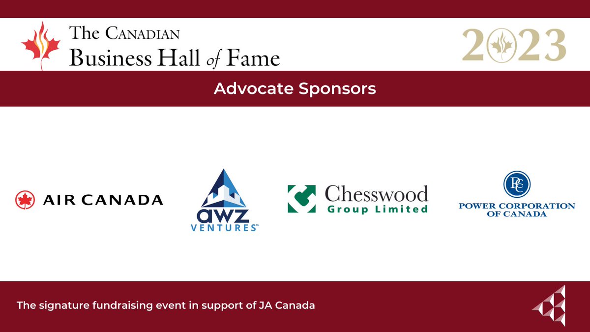 Special thank you to our Advocate Sponsors for last week's Canadian Business Hall of Fame Celebration and Induction Ceremony. We're grateful for your support! 

#CBHF2023 #JACanada