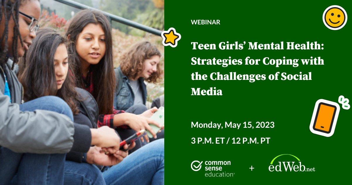 CommonSenseEd's tweet image. Join @Daniel_CSEdu and @Jehehalt from @CommonSenseEd for this month&apos;s #edWeb on &quot;Teen Girls&apos; Mental Health: Strategies for Coping with the Challenges of Social Media&quot; today @ 3pm ET/12pm PT.

Register for this FREE webinar today: home.edweb.net/webinar/common…

#CommonSensePD