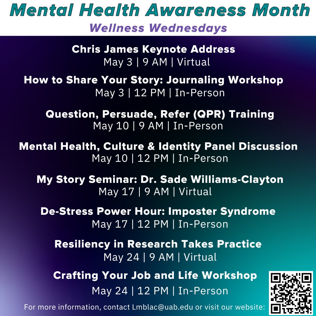 INTO UAB (@uabintl) on Twitter photo May is Mental Health Awareness Month❗
Join UAB's Wellness Wednesdays series on mental health awareness💭
Thrilled to two of our int'l students participate in the panel discussion on "Mental Health, Culture & Identity" last week.
#MentalHealthAwarenessMonth #INTOUAB May is Mental Health Awareness Month❗
Join UAB's Wellness Wednesdays series on mental health awareness💭
Thrilled to two of our int'l students participate in the panel discussion on "Mental Health, Culture & Identity" last week.
#MentalHealthAwarenessMonth #INTOUAB
