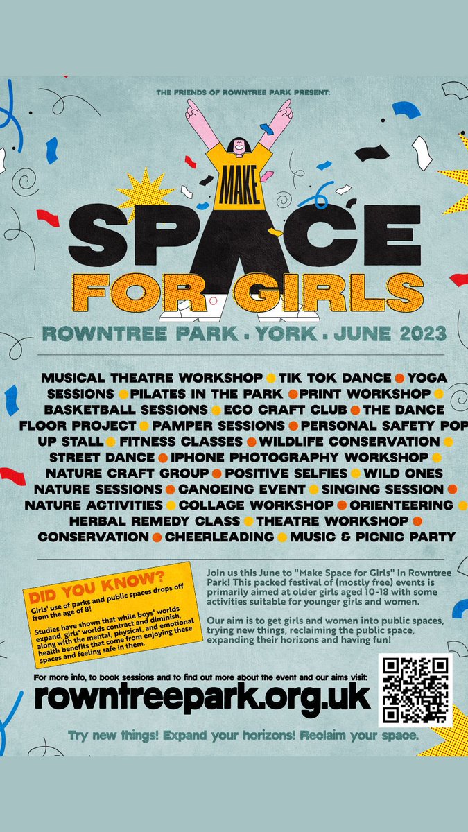 Excited to share our June programme of events aimed at older girls (and women) in Rowntree Park, York. Please shout it out loud and proud! Tag and share! 
Better,and safer, parks for girls &amp; women. 

rowntreepark.org.uk/make-space-for…

#saferparks #york