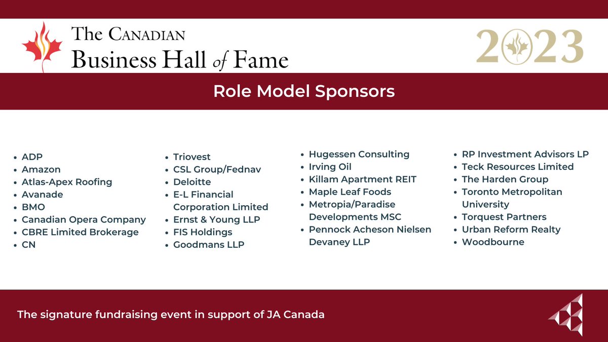 Thank you to our Role Model Sponsors for supporting last week's Canadian Business Hall of Fame Induction Ceremony and Celebration last week. 

We're grateful for your support! 

#CBHF2023 #JACanada