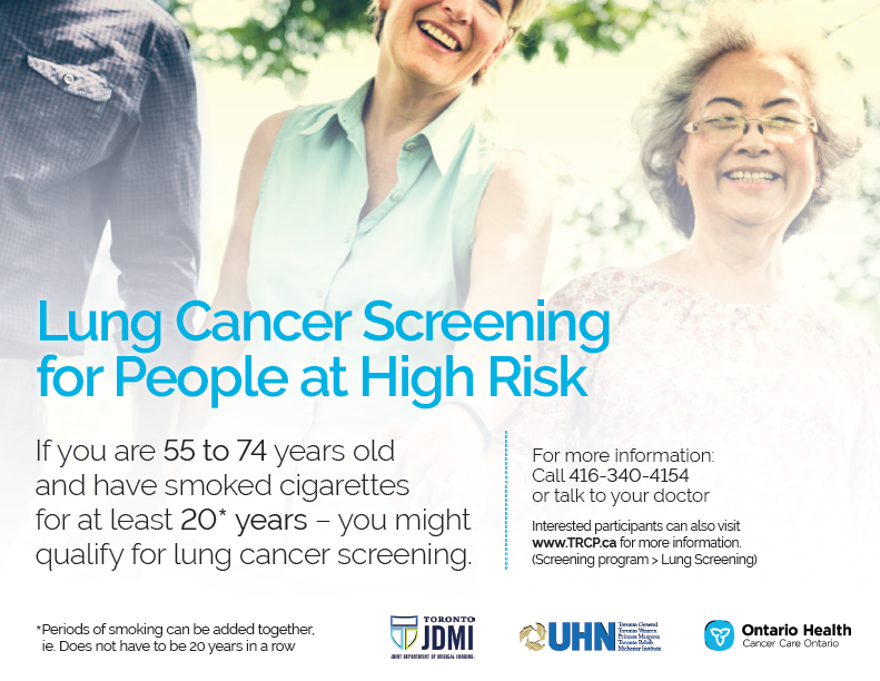 TO_CancerScreen's tweet image. Healthcare providers: your patients between the ages of 55-74 who have smoked cigarettes every day for at least 20 years may be eligible for lung cancer screening through the Ontario Lung Screening Program. Learn more: bit.ly/2vKwMzh