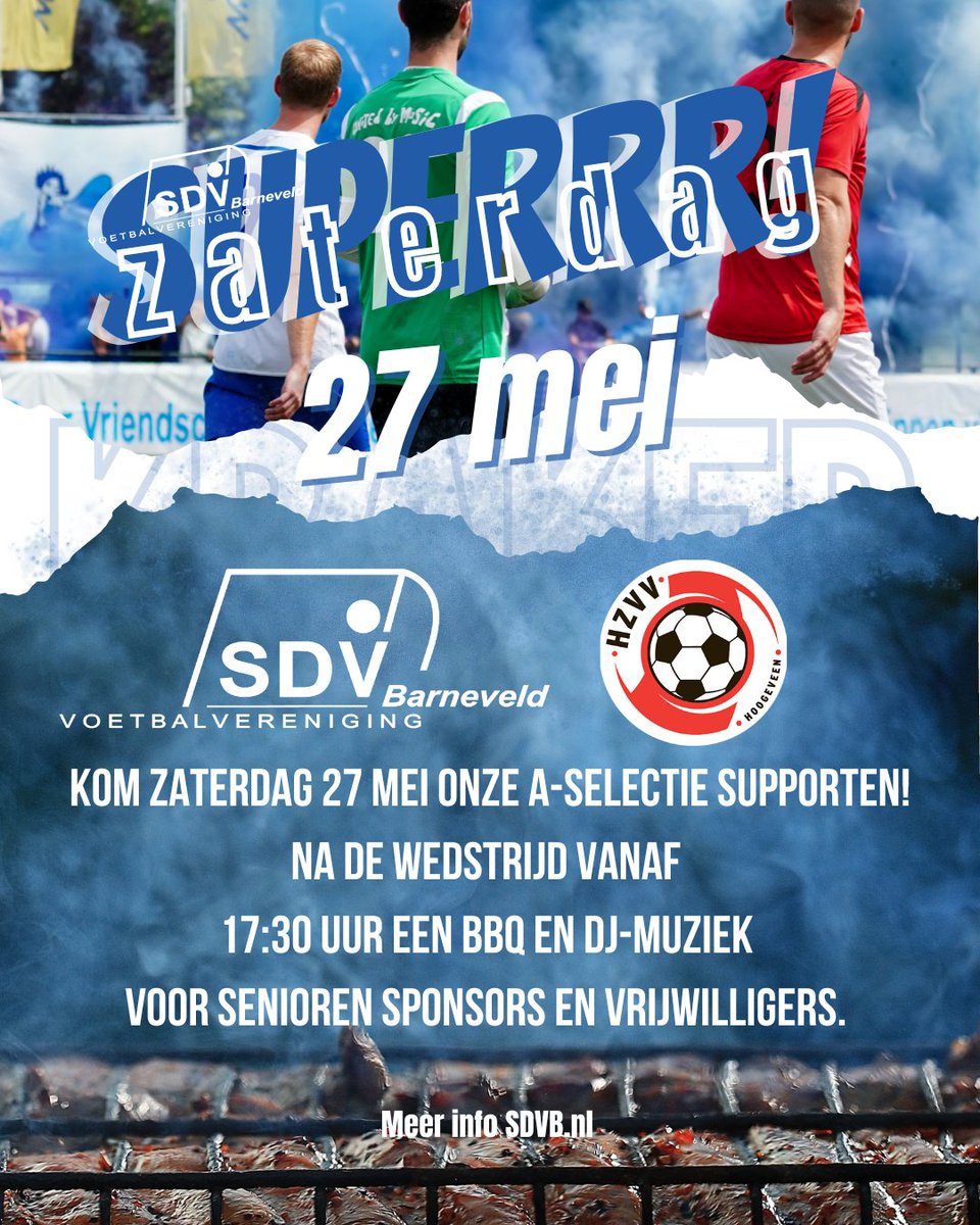 @SDV_Barneveld 27 mei Superrr zaterdag!
Zaterdag 27 mei is de laatste thuiswedstrijd van ons eerste elftal, misschien wel een beslissende wedstrijd.
meer info: sdvb.nl
sdvb.nl/27-mei-superrr…