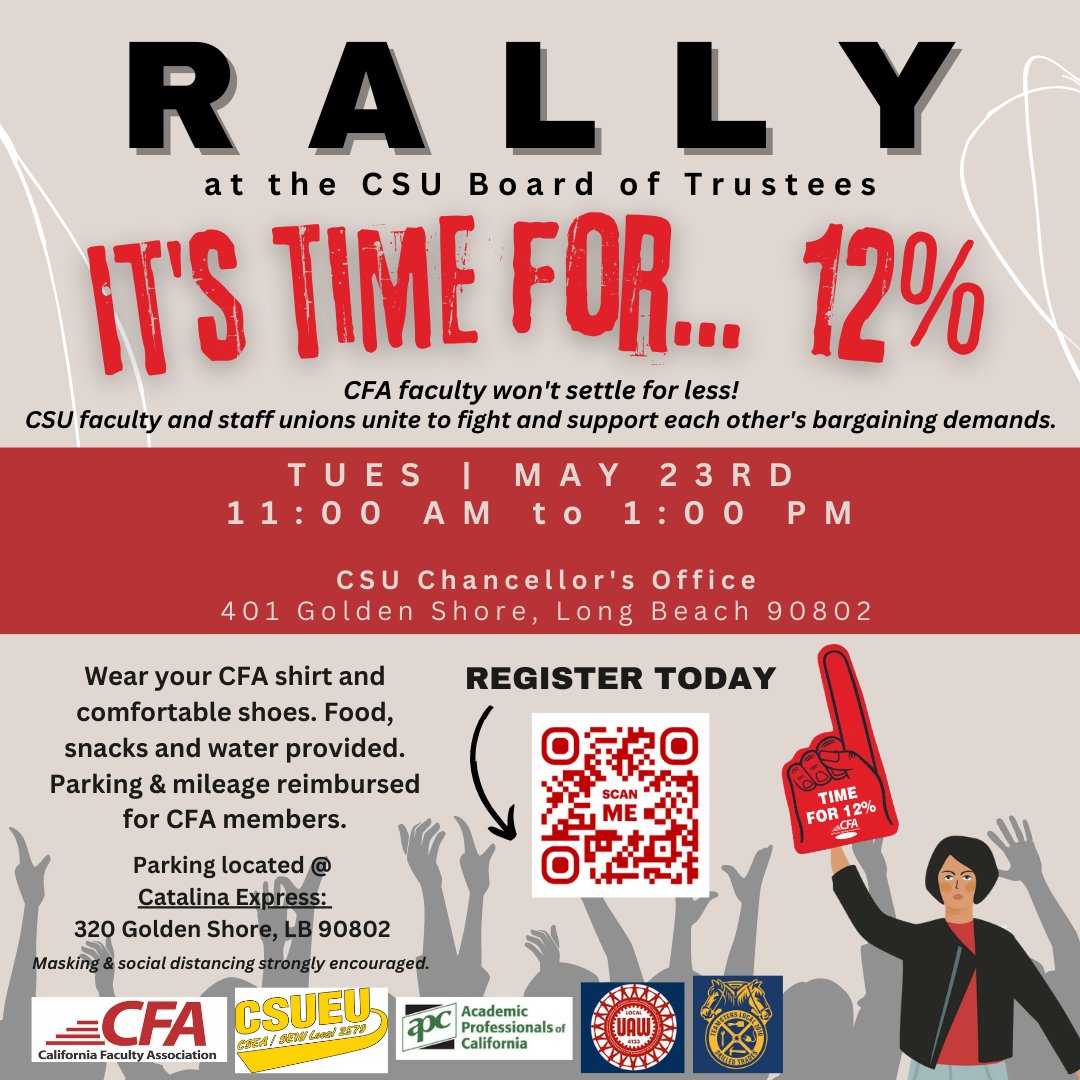 cfa_cpp's tweet image. Join us at the CSU Board of Trustees meeting Tuesday, May 23, 11am-1pm! It's time for 12%! #solidarity
@cfa_united
@csueu