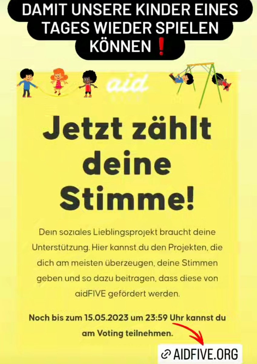 Weil unsere Kinder auf den Spielplatz und nicht ins Bett gehören❗Gemeinsam mit Euch können wir es noch heute bis 23:59 Uhr auf Platz 1 schaffen. Macht mit, wir brauchen jede AUFMERKSAMKEIT❗aidfive.org/projekt-voting… 
@UtaBehrens <a href="/dg_mecfs/">Dt. Ges. für ME/CFS</a> <a href="/LongDeutschland/">Long COVID Deutschland (LCD)</a> <a href="/LVStiftung/">Lost Voices Stiftung</a> <a href="/NGKGermany/">NichtGenesenKids</a>