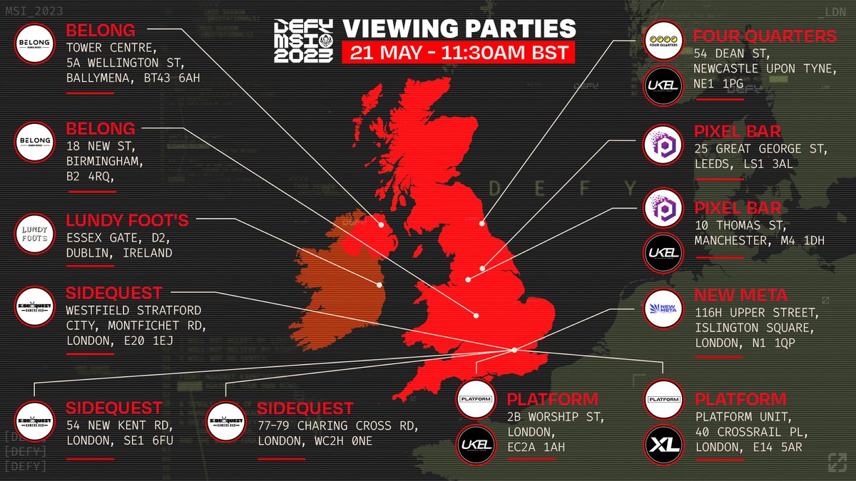 🚨 MSI WATCH PARTY 🚨  

Looking for somewhere to catch the #MSI2023 Finals on 21 May with friends &amp; fans repping your favourite teams?  

Check out our official venues that will be showing the MSI Finals across the UK &amp; Ireland to find a watch party near you 🗺️
